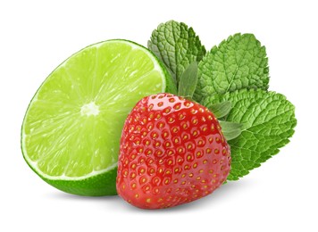 Image of Fresh lime, strawberry and mint leaves isolated on white