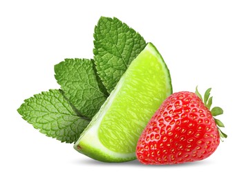 Image of Fresh lime, strawberry and mint leaves isolated on white