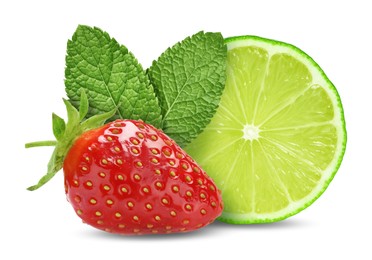 Image of Fresh lime, strawberry and mint leaves isolated on white