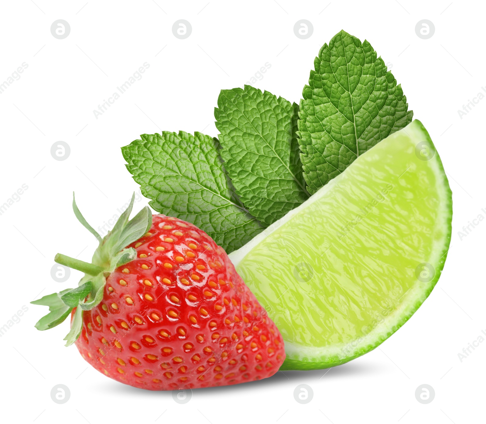 Image of Fresh lime, strawberry and mint leaves isolated on white