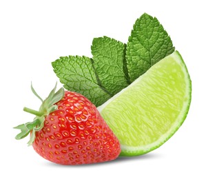 Image of Fresh lime, strawberry and mint leaves isolated on white