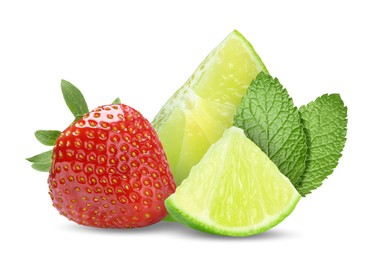 Image of Fresh lime, strawberry and mint leaves isolated on white