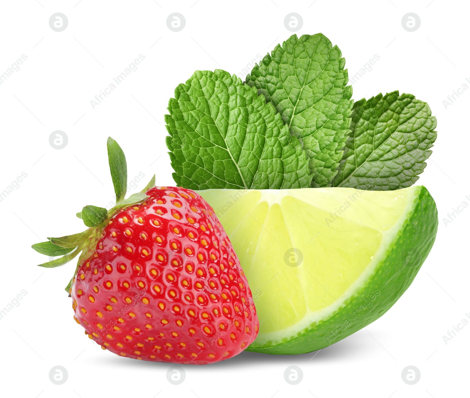 Image of Fresh lime, strawberry and mint leaves isolated on white