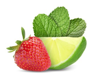 Image of Fresh lime, strawberry and mint leaves isolated on white