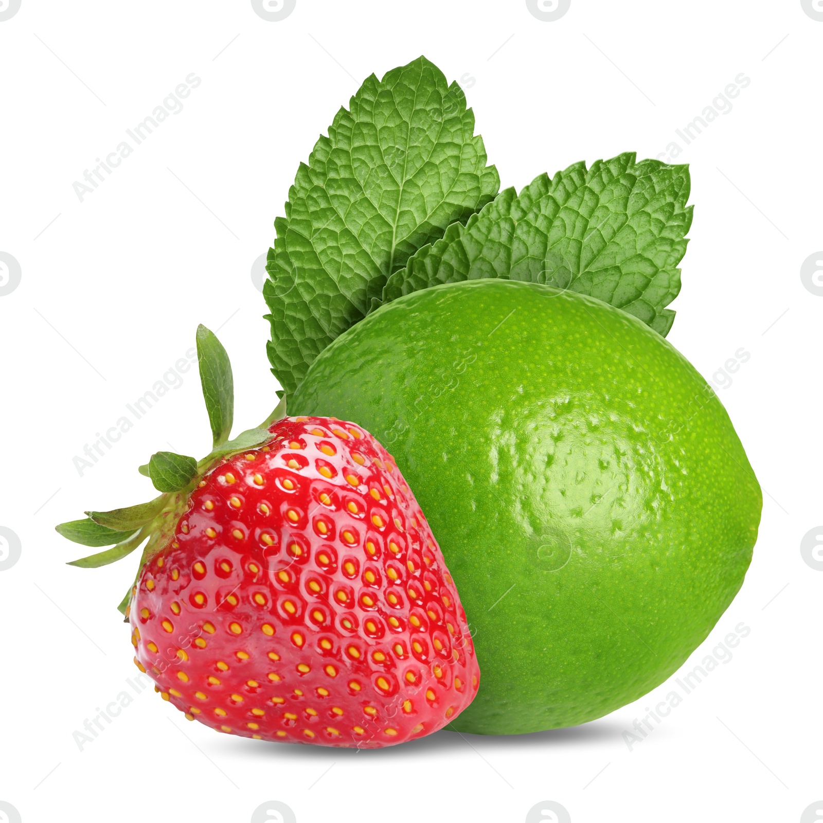 Image of Fresh lime, strawberry and mint leaves isolated on white