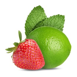 Image of Fresh lime, strawberry and mint leaves isolated on white