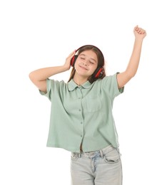 Photo of Teenage girl in headphones on white background