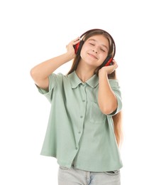 Photo of Teenage girl in headphones on white background