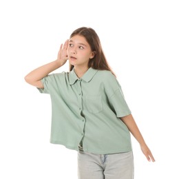 Photo of Teenage girl showing hand to ear gesture on white background