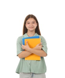 Photo of Teenage girl with notebooks on white background