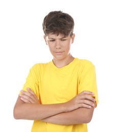 Photo of Portrait of teenage boy on white background