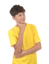 Photo of Portrait of teenage boy on white background