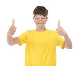Photo of Teenage boy showing thumbs up on white background