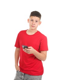 Photo of Teenage boy with smartphone on white background