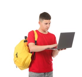 Photo of Teenage boy with laptop and backpack on white background