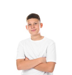 Photo of Portrait of teenage boy on white background