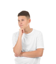Photo of Portrait of teenage boy on white background