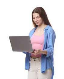 Photo of Teenage girl with laptop on white background