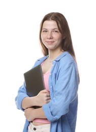 Photo of Teenage girl with laptop on white background