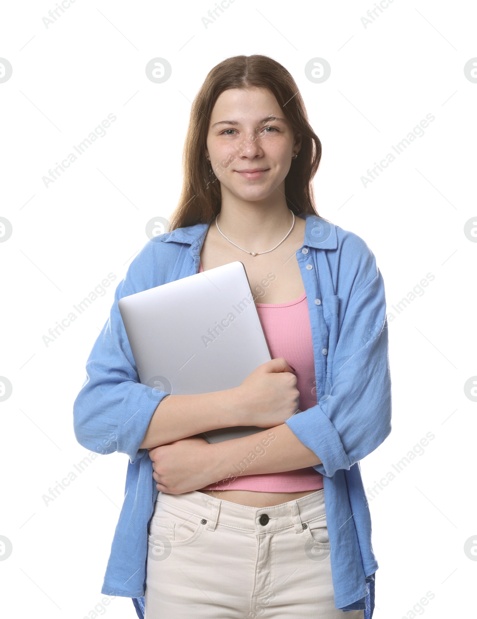 Photo of Teenage girl with laptop on white background