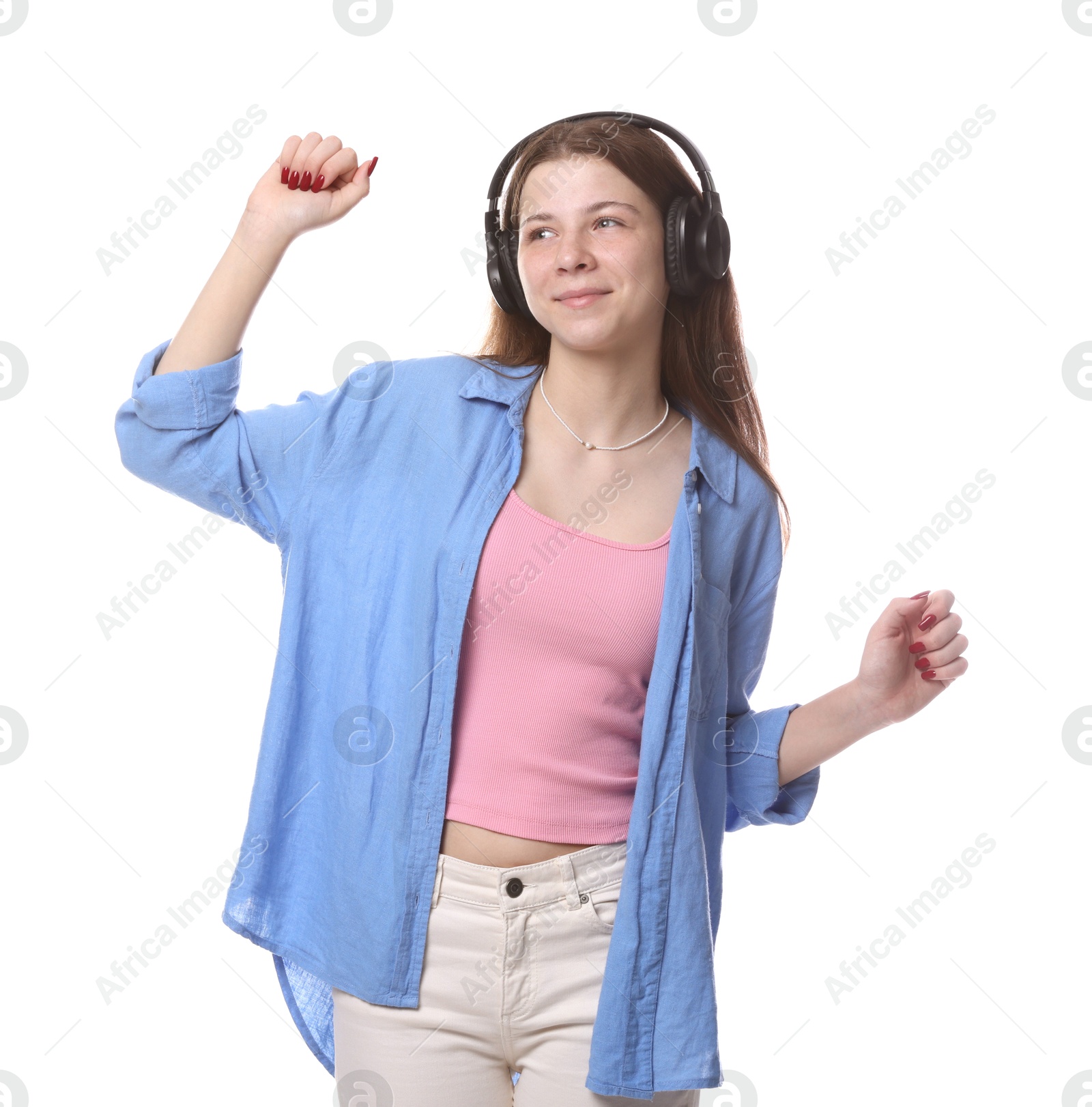 Photo of Teenage girl in headphones on white background