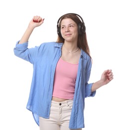 Photo of Teenage girl in headphones on white background