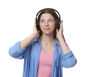 Photo of Teenage girl in headphones on white background