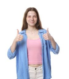 Photo of Teenage girl showing thumbs up on white background