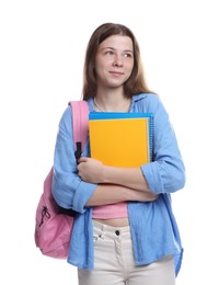 Photo of Teenage girl with backpack and notebooks on white background