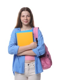 Photo of Teenage girl with backpack and notebooks on white background