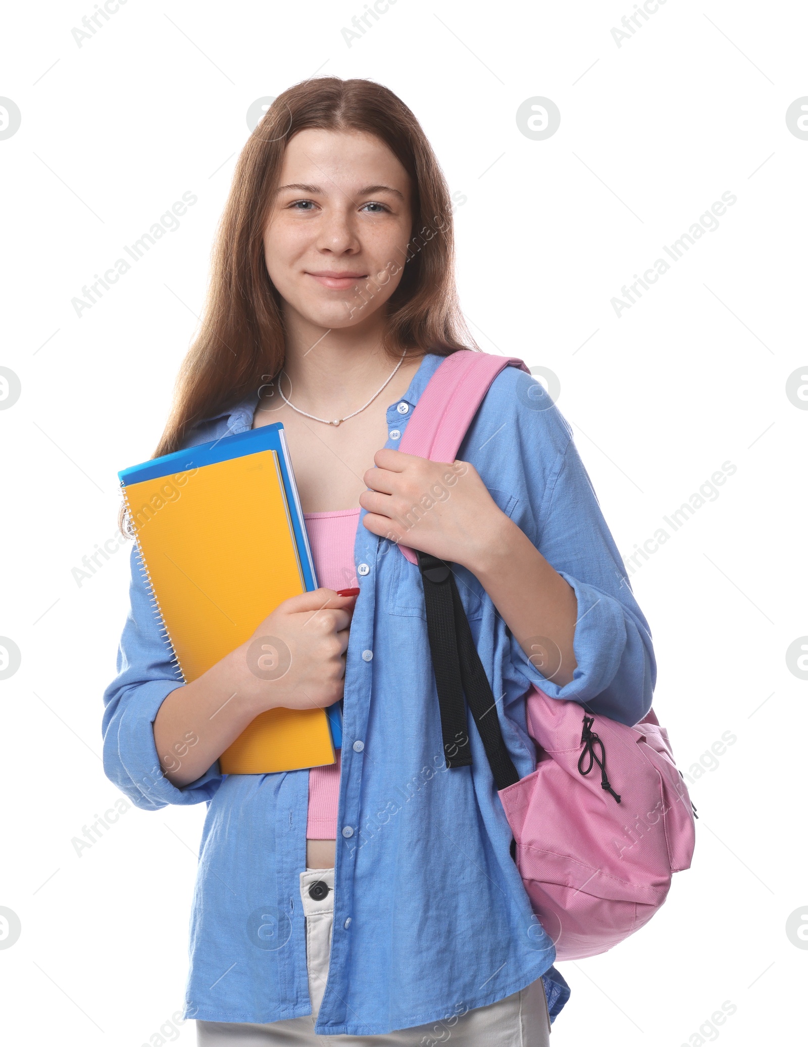 Photo of Teenage girl with backpack and notebooks on white background