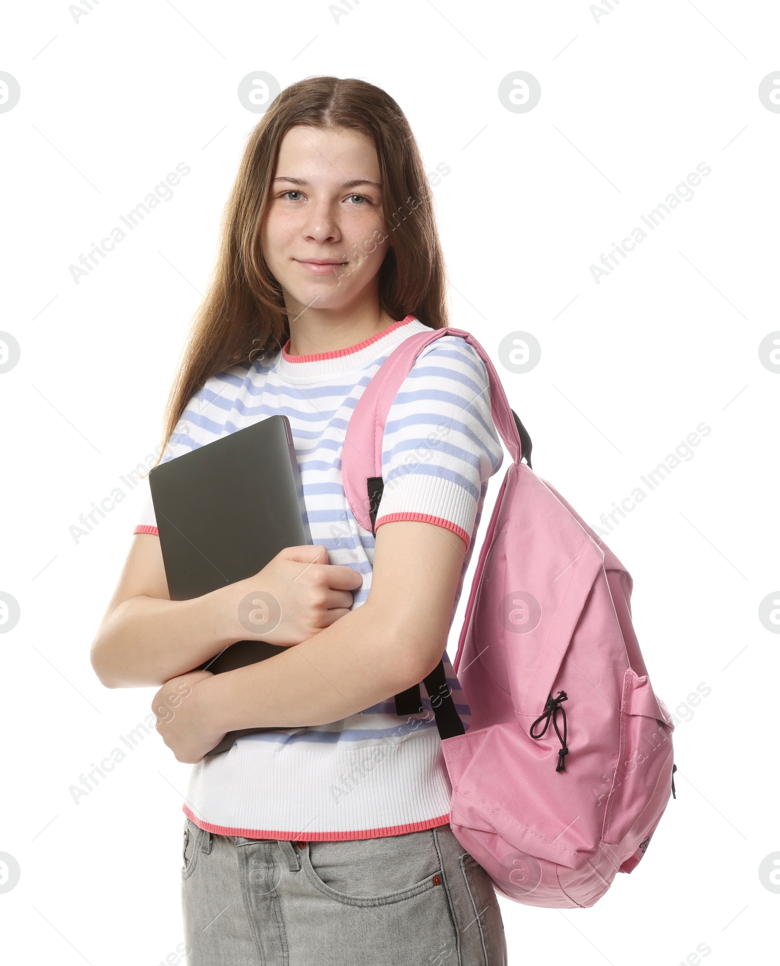 Teenage girl with laptop and backpack on white background Photo of Teenage girl with laptop and backpack on white background