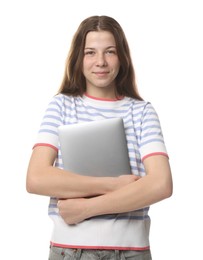 Photo of Teenage girl with laptop on white background