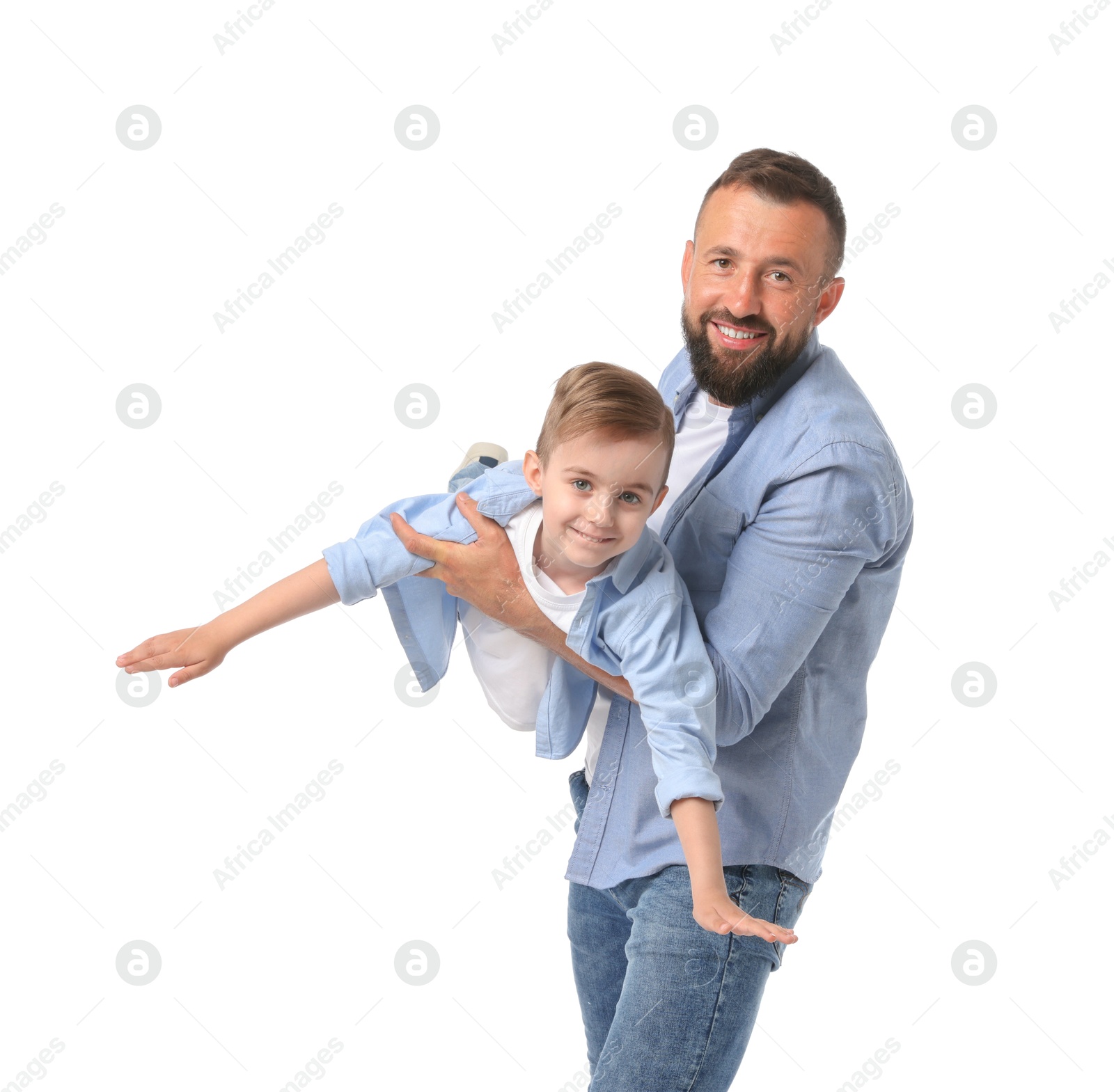 Photo of Family portrait of smiling dad and his son playing on white background