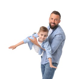 Photo of Family portrait of smiling dad and his son playing on white background