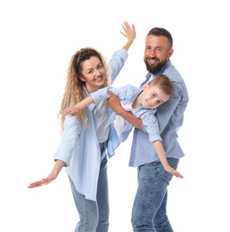 Photo of Portrait of happy family posing on white background