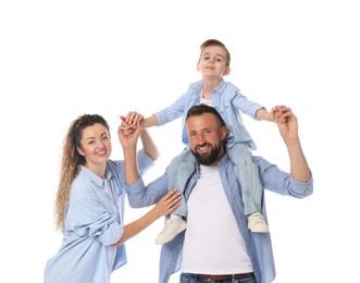 Photo of Portrait of happy family on white background