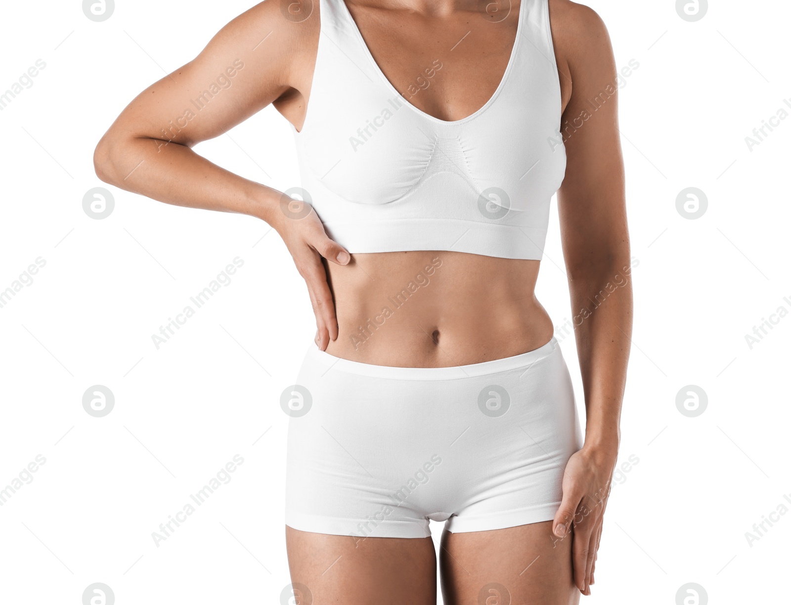 Photo of Fit woman with perfect body on white background, closeup