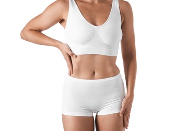 Photo of Fit woman with perfect body on white background, closeup