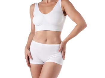 Photo of Fit woman with perfect body on white background, closeup