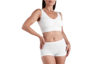 Photo of Fit woman with perfect body on white background, closeup