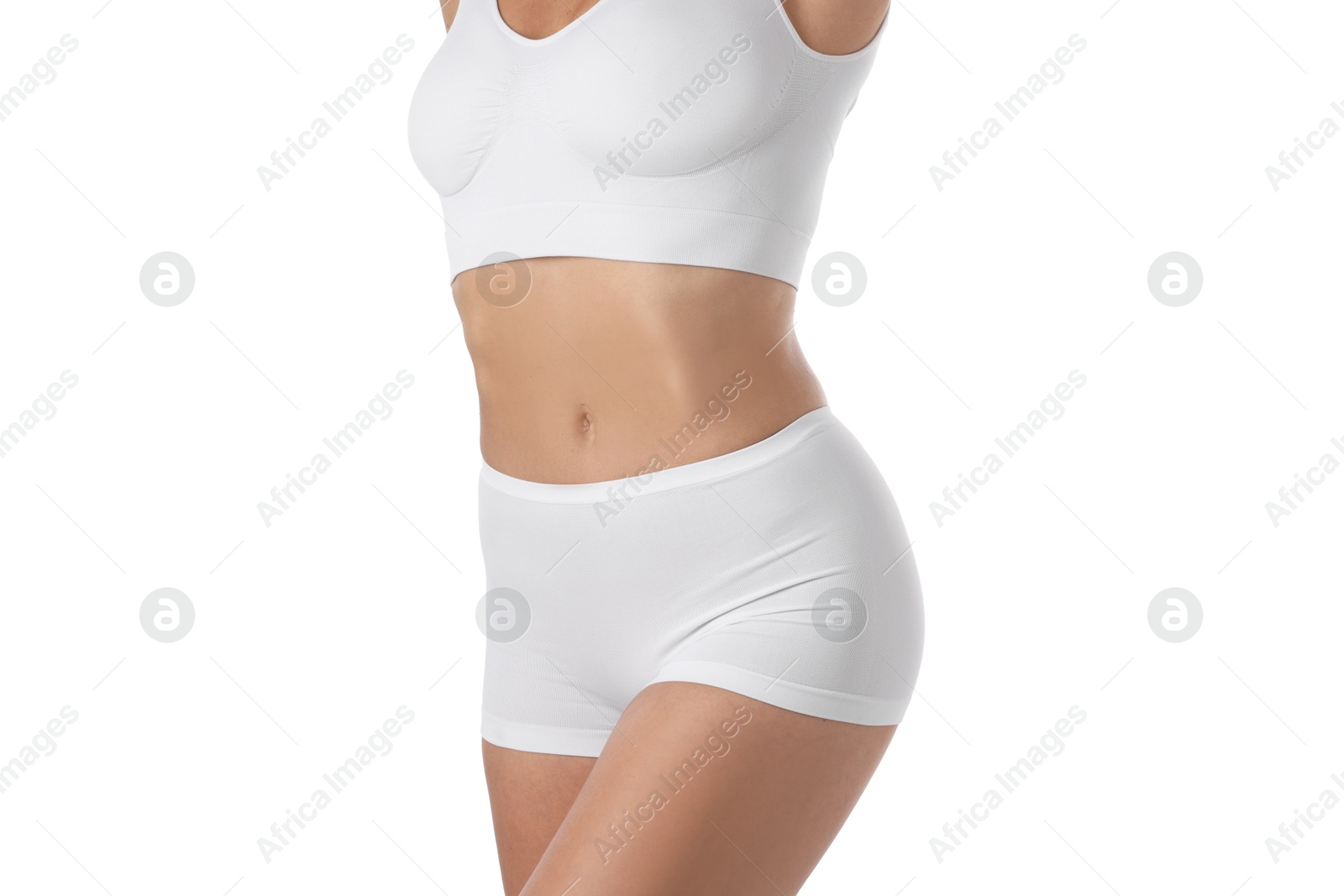 Photo of Fit woman with perfect body on white background, closeup
