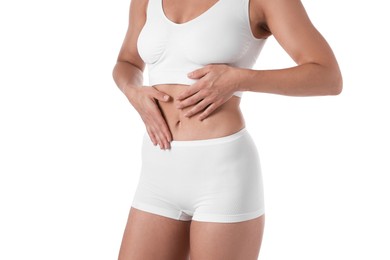 Photo of Fit woman with perfect body on white background, closeup