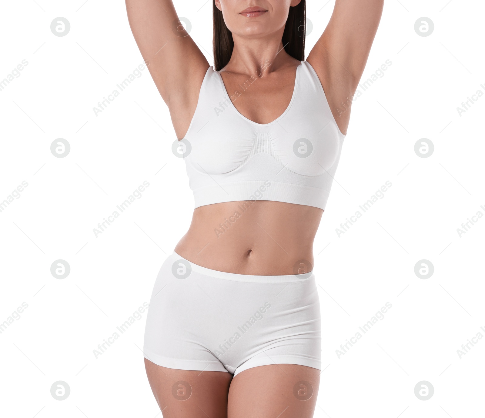 Photo of Fit woman with perfect body on white background, closeup