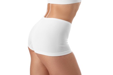 Photo of Fit woman with perfect body on white background, closeup