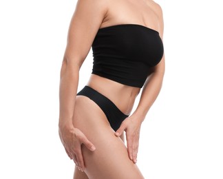 Photo of Fit woman with perfect body on white background, closeup