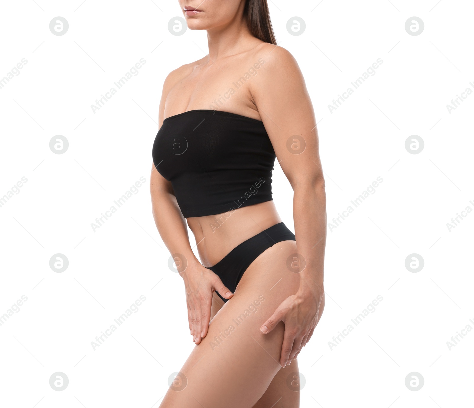 Photo of Fit woman with perfect body on white background, closeup