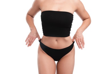 Photo of Fit woman with perfect body on white background, closeup