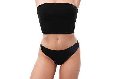 Photo of Fit woman with perfect body on white background, closeup