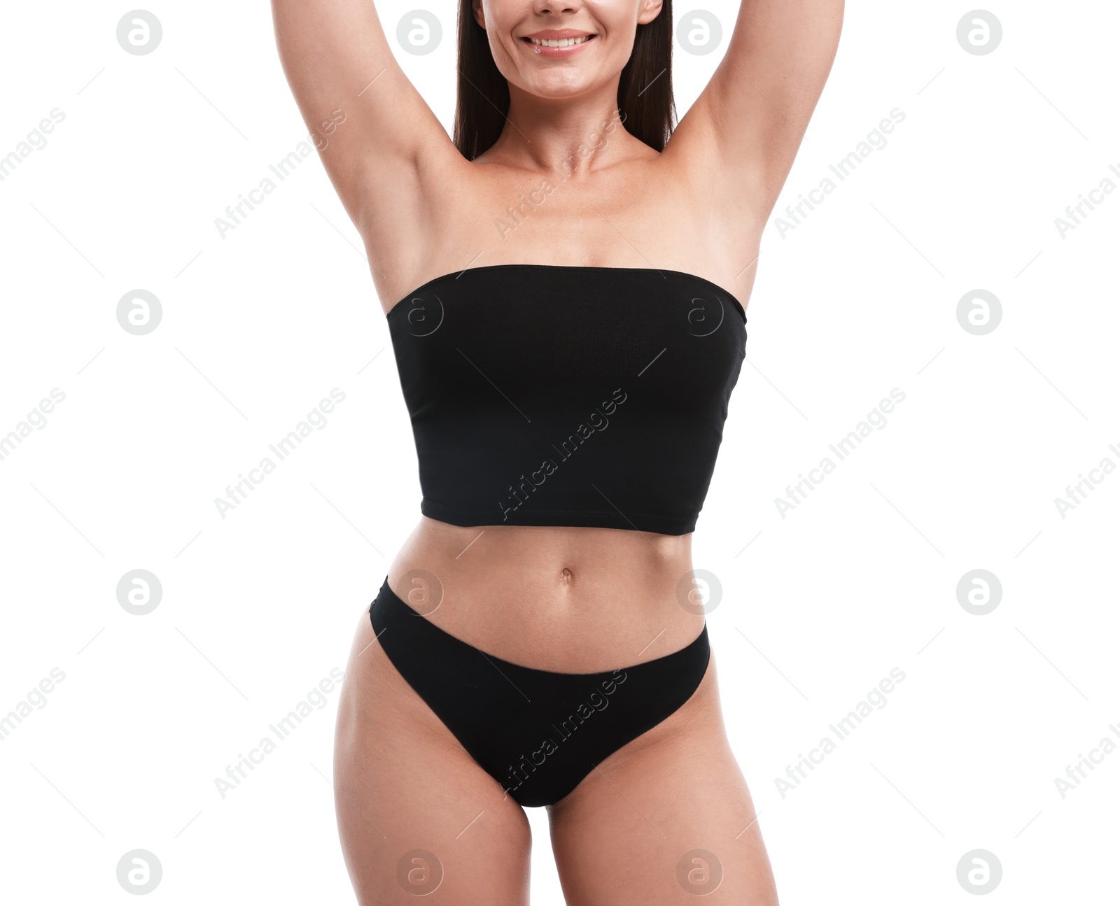 Photo of Fit woman with perfect body on white background, closeup